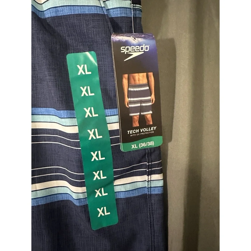 Speedo Men's Tech Volley Swim Shorts Trunks Comfort Liner Blue Striped XL NWT